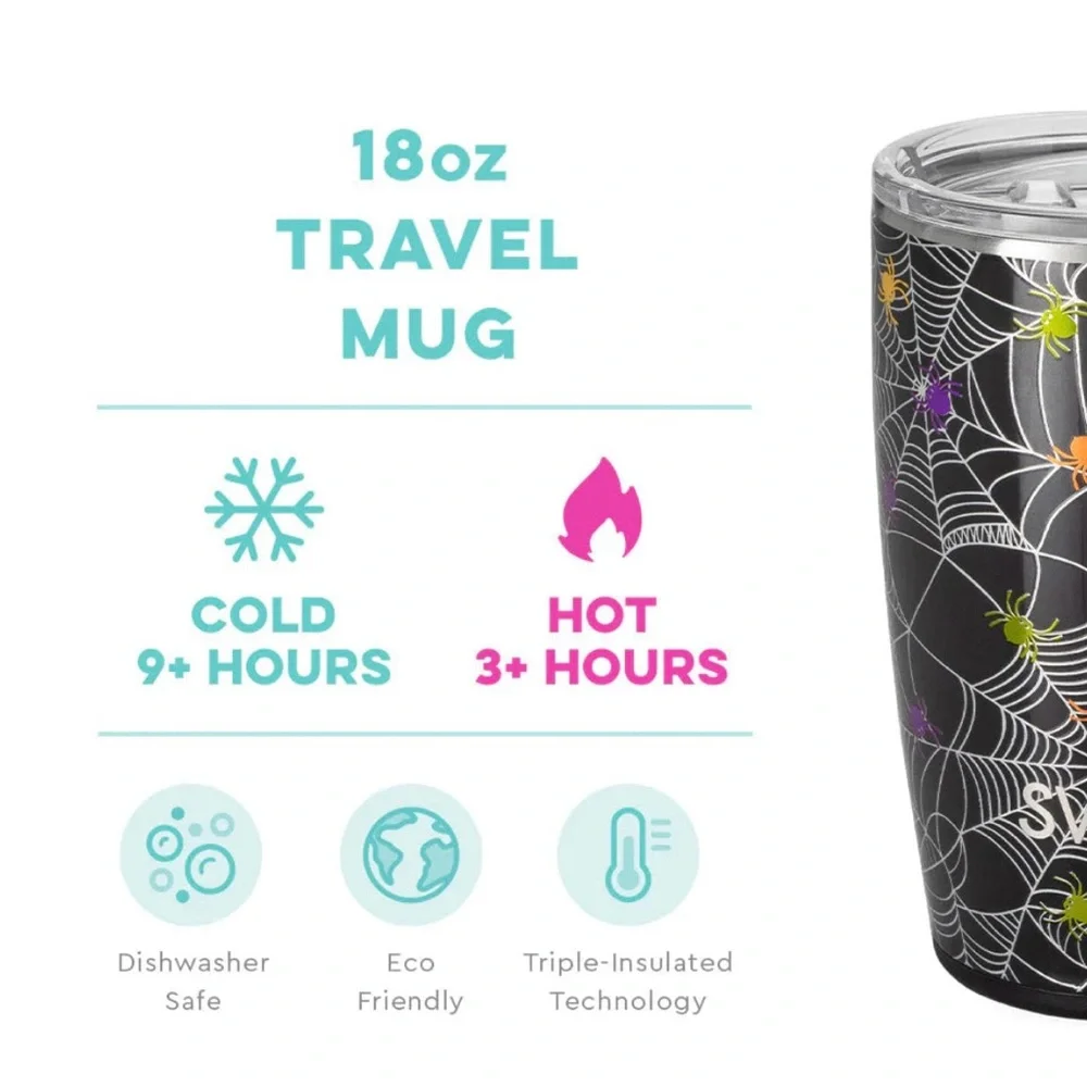 Swig Itsy Bitsy Travel Mug 18 oz Spiderweb Halloween Coffee Cup Tumbler NEW